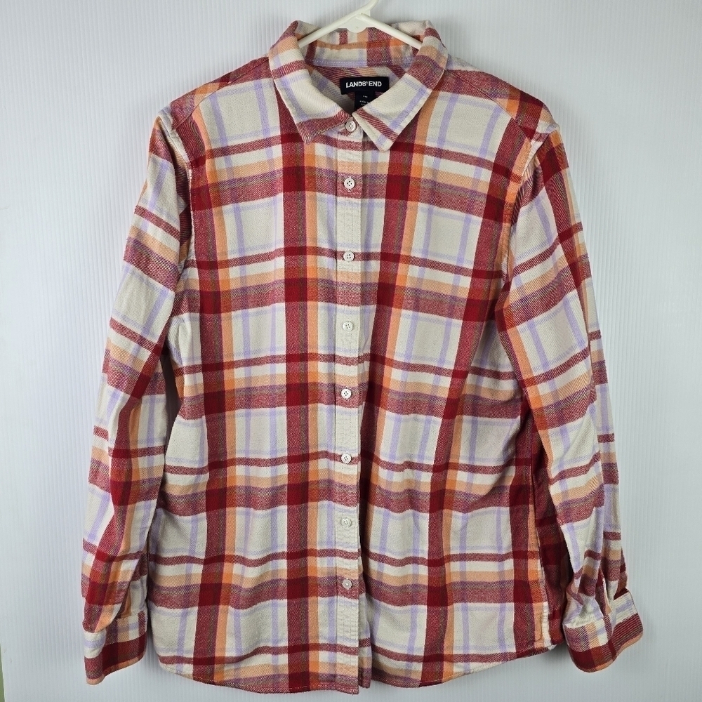 Lands' End Women’s Plaid Flannel 100% Cotton Long Sleeve Red&Orange Shirt 18